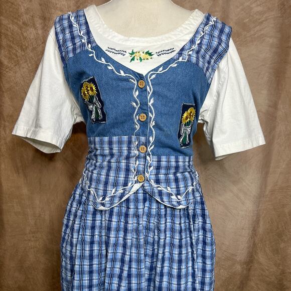 Vintage 90s Country Wear Denim Vest Maxi Dress Floral Embroidered Plaid Cottage - Picture 3 of 11